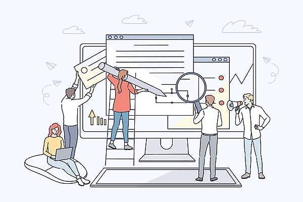 EPS 해외이미지 전신 여자 남자 허리손 하늘색 일러스트 비즈니스 사다리 돋보기 서기 들기 앉기 여러명 성인 노트북 펜 모니터 확성기 마우스 비즈니스맨 비즈니스우먼 성인만 해외일러스트 포즈 다수 모션 사람 파란색 전자제품 컴퓨터 필기구 컴퓨터용품 도구 직장인 파일형식 벡터 이미지허브