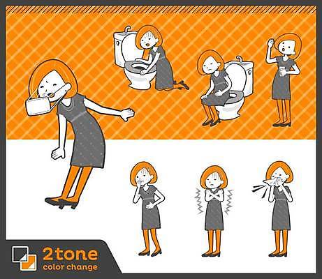 EPS 해외이미지 전신 디자인 원피스 여자 일러스트 건강 마스크 앉기 여러명 성인 세트 약 주황색 추위 질병 먹기 변기 구토 기침 오한 재채기 성인여자만 해외일러스트 옷 컬러 다수 의학 모션 사람 증상 여자만 성인만 파일형식 벡터 이미지허브