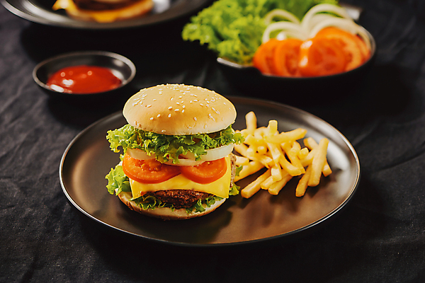 포토 JPG 해외이미지 접시 토마토 채소 검은배경 패스트푸드 쟁반 실내 사람없음 감자튀김 햄버거 인스턴트 정크푸드 케첩 해외포토 식기 음식 백그라운드 감자 내부 검은색 튀김 소스_음식 파일형식 이미지허브