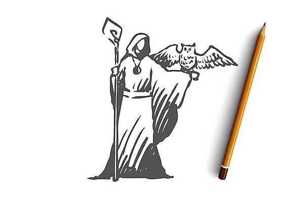 EPS 해외이미지 전신 컨셉 일러스트 지팡이 한명 서기 들기 성인 마법사 신비 스케치 부엉이 손그림 얼굴없음 성인한명만 해외일러스트 1 모션 조류 미술 사람 성인만 파일형식 벡터 이미지허브