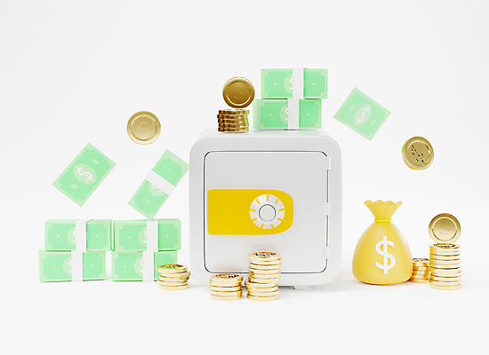 포토 JPG 해외이미지 지폐 안전 사람없음 3D 동전 흰색 돈자루 보호 돈다발 디지털합성 보안 금고 동전탑 해외포토 컬러 컨셉 돈 쌓기 파일형식 이미지허브