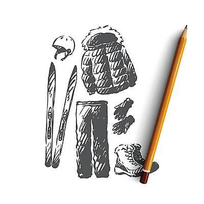 EPS 해외이미지 컨셉 겨울 일러스트 스키 부츠 사람없음 재킷 헬멧 스케치 오브젝트 스키복 겨울옷 손그림 해외일러스트 옷 계절 신발 겨울스포츠 미술 외투 보호장비 파일형식 벡터 이미지허브