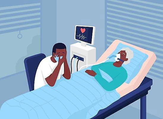 EPS 해외이미지 전신 여자 노년 남자 아들 할머니 일러스트 가족 모녀 엄마 병원 마스크 사람 상반신 성인 두명 눕기 슬픔 울음 병실 병원침대 산소마스크 심전도모니터 해외일러스트 딸 감정 의학 관계 모션 표정 침대 파일형식 벡터 이미지허브