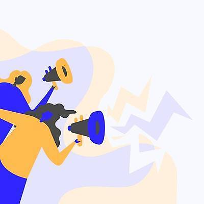 EPS 해외이미지 여자 곡선 일러스트 들기 상반신 성인 두명 파란색 노란색 확성기 외침 알림 번개모양 성인여자만 카피스페이스 해외일러스트 모양 선 컬러 모션 사람 소리 공백 번개 여자만 성인만 파일형식 벡터 이미지허브