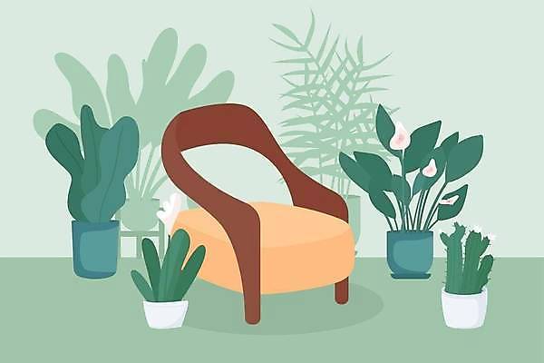 EPS 해외이미지 꽃 화분 줄기 잎 의자 일러스트 선인장 사람없음 초록색 플랜테리어 반려식물 해외일러스트 식물 컬러 가구 인테리어 파일형식 벡터 이미지허브