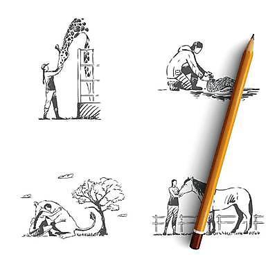 EPS 해외이미지 전신 여자 남자 컨셉 일러스트 안기 포옹 동물원 여러명 성인 세트 말_동물 거북이 스케치 기린 손그림 캥거루 소통 교감 돌봄 얼굴없음 성인만 쓰다듬기 해외일러스트 다수 포유류 파충류 모션 미술 사람 파일형식 벡터 이미지허브