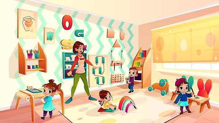 EPS 해외이미지 전신 여자 교육 어린이 의자 일러스트 교실 놀이 선반 서기 앉기 소년 여러명 성인 장난감 카펫 유치원 놀이방 유치원생 책상 교구 유치원선생님 해외일러스트 남자 가구 다수 학교 모션 사람 교사 파일형식 벡터 이미지허브