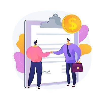 EPS 해외이미지 전신 남자 가방 일러스트 비즈니스 악수 들기 성인 두명 동전 계약 계약서 서류판 성인남자만 해외일러스트 잡화 돈 모션 사람 손짓 사무용품 남자만 성인만 파일형식 벡터 이미지허브