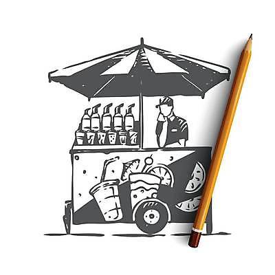 EPS 해외이미지 남자 음료 컨셉 일러스트 한명 상반신 성인 판매 상점 턱괴기 파라솔 스케치 직원 손그림 가판대 얼굴없음 성인남자한명만 해외일러스트 1 모션 미술 사람 남자한명만 성인남자만 파일형식 벡터 이미지허브