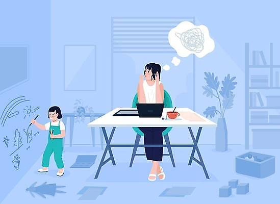 EPS 해외이미지 전신 라이프스타일 여자 어린이 일러스트 모녀 스트레스 실내 앉기 성인 두명 노트북 육아 업무 그리기 낙서 책상 재택근무 워킹맘 곤란 힘듦 여자만 해외일러스트 딸 가구 컨셉 비즈니스 가족 모션 엄마 사람 내부 생활 전자제품 작업 비즈니스우먼 파일형식 벡터 이미지허브