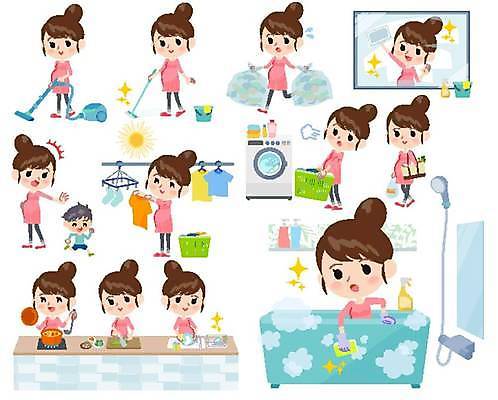 EPS 해외이미지 라이프스타일 여자 가사 일러스트 엄마 바닥 주택 요리 쇼핑 주방 목욕 임신 욕실 씻기 빨래 쓰레기 청소 주부 세탁기 해외일러스트 가족 사람 건물 생활 청결 가전제품 파일형식 벡터 이미지허브