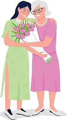 EPS 해외이미지 전신 여자 노년 딸 할머니 꽃다발 일러스트 포옹 모녀 엄마 서기 들기 성인 두명 어버이날 여자만 안경낌 어깨에손 해외일러스트 기념일 꽃 안경 가족 안기 모션 사람 파일형식 벡터 이미지허브