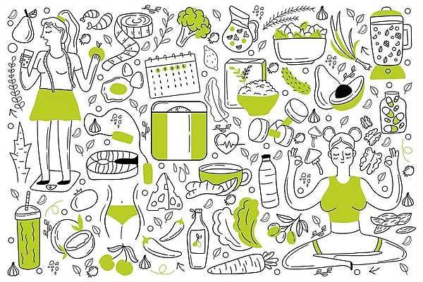 EPS 해외이미지 전신 여자 다이어트 채소 과일 일러스트 치즈 줄자 서기 앉기 성인 두명 운동복 세트 계란 당근 아령 요가자세 달력 낙서 야채주스 찻잔 브로콜리 믹서 물병 허리 라인아트 명상 체중계 손그림 아보카도 건강식 다이어트음식 자기관리 성인여자만 해외일러스트 옷 선 음식 포즈 요가 모션 잔 유제품 뿌리채소 자 건강 사람 신체부위 알 주스 물통 여자만 성인만 파일형식 벡터 이미지허브