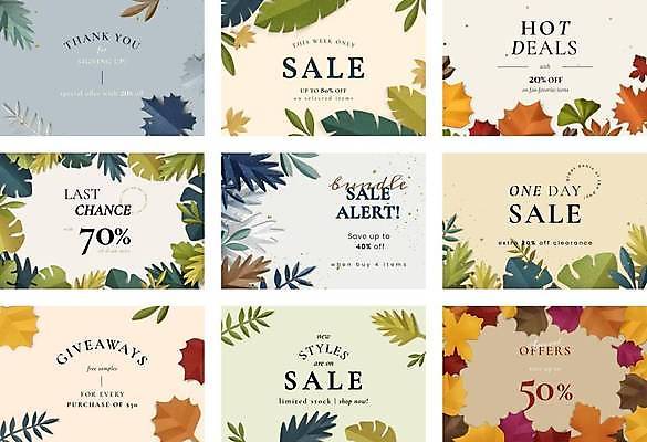 EPS 해외이미지 낙엽 잎 일러스트 프레임 타이포그라피 사람없음 쇼핑 세일 배너세트 해외일러스트 식물 문자 배너 세트 파일형식 벡터 이미지허브