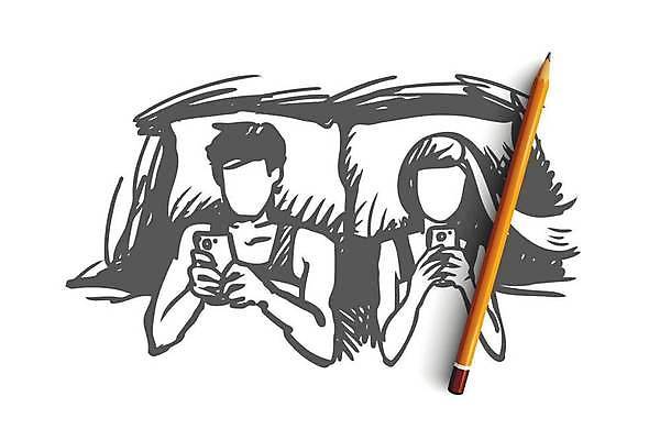 EPS 해외이미지 라이프스타일 커플 응시 여자 남자 일러스트 들기 상반신 성인 두명 스마트폰 눕기 침대 스케치 손그림 중독 스마트폰중독 얼굴없음 성인만 해외일러스트 시선 가구 관계 모션 미술 사람 생활 핸드폰 스마트기기 파일형식 벡터 이미지허브