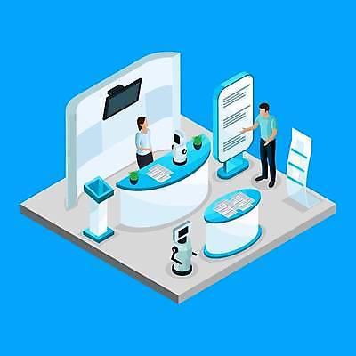 EPS 해외이미지 여자 남자 일러스트 여러명 성인 일상 파란색 스크린 전시 공간 과학기술 손내밀기 로봇 책상 문서 아이소메트릭 성인만 AI_인공지능 해외일러스트 컬러 가구 다수 기술 사람 손짓 라이프 파일형식 벡터 이미지허브