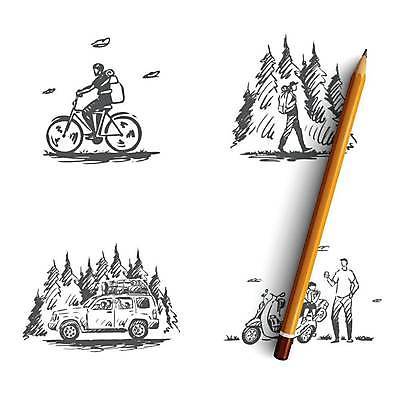 EPS 해외이미지 전신 여자 남자 어린이 허리손 컨셉 일러스트 배낭 가족 자동차 휴가 서기 앉기 소녀 소년 여러명 상반신 성인 세트 여행객 걷기 자전거 산책 하이킹 탐험 오토바이 승차 숲 스케치 오브젝트 손그림 얼굴없음 해외일러스트 육상교통 포즈 다수 가방 관계 모션 레저 휴식 미술 사람 바이크 파일형식 벡터 이미지허브