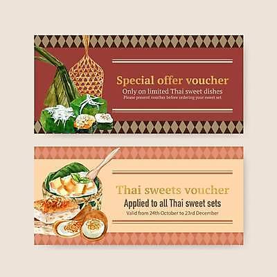 EPS 해외이미지 영어 일러스트 디저트 타이포그라피 사람없음 빨간색 티켓 상품권 베이지색 태국음식 해외일러스트 문자 음식 컬러 동양음식 파일형식 벡터 이미지허브