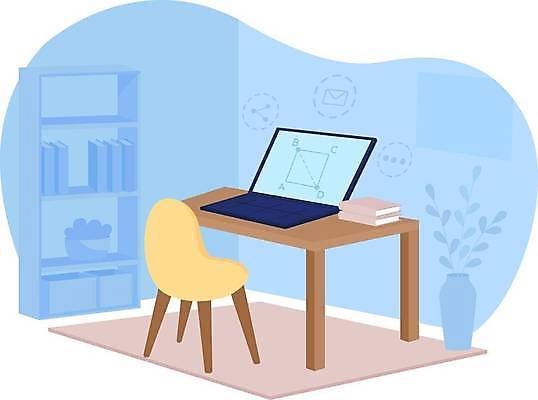 EPS 해외이미지 교육 인터넷 일러스트 사람없음 내부 노트북 학습 스터디 컴퓨터 디지털 방 강의 책상 온라인 이러닝 웨비나 해외일러스트 가구 전자제품 세미나 파일형식 벡터 언택트 이미지허브
