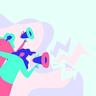 EPS 해외이미지 디자인 여자 백그라운드 일러스트 들기 상반신 성인 두명 확성기 외침 잡기 발표 성인여자만 카피스페이스 해외일러스트 모션 사람 소리 공백 여자만 성인만 파일형식 벡터 이미지허브