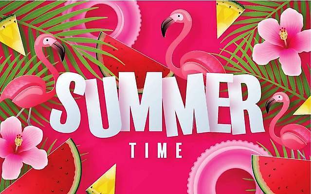 EPS 해외이미지 디자인 배너 분홍색 일러스트 수박 타이포그라피 사람없음 쇼핑 세일 플라밍고 파인애플 튜브 열대잎 히비스커스 트로피컬아트 해외일러스트 문자 꽃 컬러 잎 과일 조류 열대과일 그림 파일형식 벡터 이미지허브