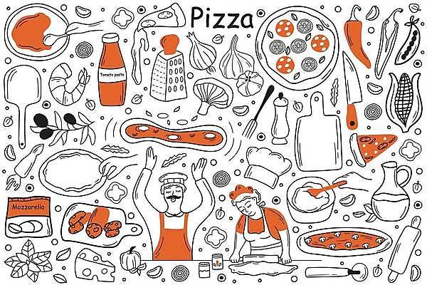 EPS 해외이미지 여자 남자 포크 일러스트 피망 치즈 도마 도마_주방용품 피자 마늘 요리사모자 옥수수 요리 상반신 성인 타이포그라피 두명 세트 요리사 앞치마 버섯 던지기 낙서 라인아트 올리브 손그림 바질 강판 도우 반죽밀대 피자집 피자칼 성인만 해외일러스트 직업 문자 모자_잡화 식기 열매 선 채소 모션 주방용품 유제품 곡류 패스트푸드 서양음식 사람 상점 밀대 파일형식 벡터 이미지허브