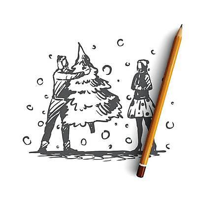 EPS 해외이미지 전신 나무 여자 남자 컨셉 크리스마스 일러스트 서기 들기 성인 두명 크리스마스트리 눈 스케치 손그림 얼굴없음 성인만 해외일러스트 자연요소 식물 기념일 모션 날씨 미술 사람 파일형식 벡터 이미지허브