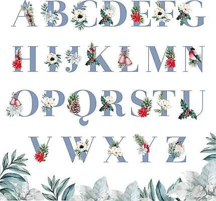 EPS 해외이미지 한마리 알파벳 꽃 줄기 잎 크리스마스장식 크리스마스 일러스트 조류 대문자 사람없음 세트 종 솔방울 호랑가시나무열매 조합형타이포 보테니컬아트 해외일러스트 식물 동물 1 영어 기념일 열매 타이포그라피 파일형식 벡터 이미지허브
