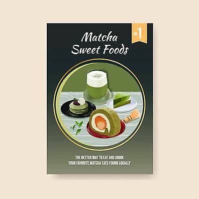 EPS 해외이미지 템플릿 포스터 일러스트 사람없음 초록색 검은색 조각케이크 그라데이션 마카롱 롤케이크 녹차라떼 말차 차선_다기 녹차맛 말차라떼 해외일러스트 컬러 디저트 차_음료 케이크 맛 다기 녹차 라떼 파일형식 벡터 이미지허브