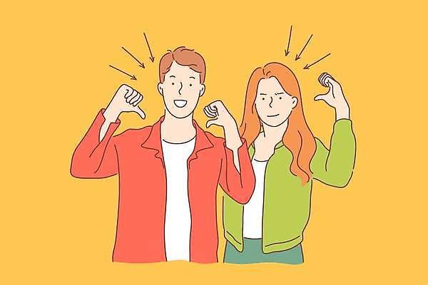 EPS 해외이미지 커플 여자 남자 화살표 일러스트 상반신 성인 두명 노란색 가리킴 성인만 해외일러스트 컬러 관계 사람 손짓 파일형식 벡터 이미지허브