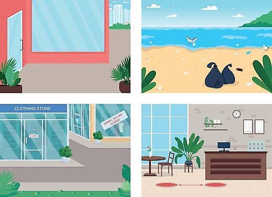 EPS 해외이미지 일러스트 해변 사람없음 야외 세트 상점 보호 쓰레기 심플 전염병 사회적거리두기 해외일러스트 캠페인 바다 컨셉 질병 파일형식 벡터 이미지허브