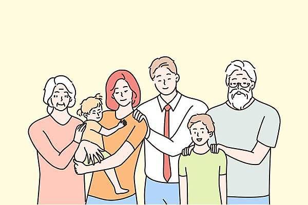 EPS 해외이미지 전신 커플 여자 할아버지 노년 남자 딸 행복 아들 할머니 어린이 일러스트 안기 엄마 남편 손자 손녀 함께함 소년 여러명 상반신 성인 노란색 아내 아빠 어깨에손 해외일러스트 감정 컬러 다수 컨셉 가족 관계 모션 사람 손주 파일형식 벡터 이미지허브