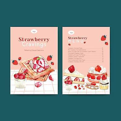 EPS 해외이미지 템플릿 분홍색 일러스트 딸기 디저트 사람없음 달콤 조각케이크 컵케이크 메뉴 메뉴판 와플 딸기케이크 해외일러스트 음식 컬러 과일 케이크 맛 파일형식 벡터 이미지허브