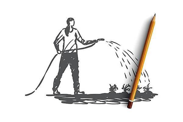 EPS 해외이미지 전신 식물 여자 컨셉 일러스트 한명 들기 성인 야외 물 정원 스케치 물주기 원예 손그림 호스 돌봄 물뿌리기 얼굴없음 성인여자한명만 해외일러스트 자연요소 1 모션 미술 사람 취미 여자한명만 성인여자만 파일형식 벡터 이미지허브