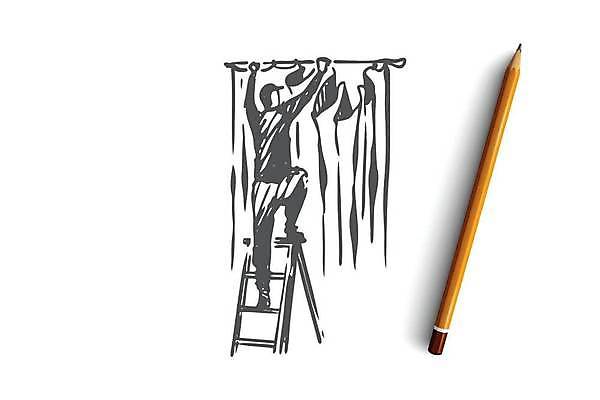 EPS 해외이미지 전신 남자 컨셉 일러스트 사다리 한명 들기 성인 커튼 스케치 손그림 밟기 설치 얼굴없음 성인남자한명만 해외일러스트 1 모션 미술 사람 도구 남자한명만 성인남자만 파일형식 벡터 이미지허브