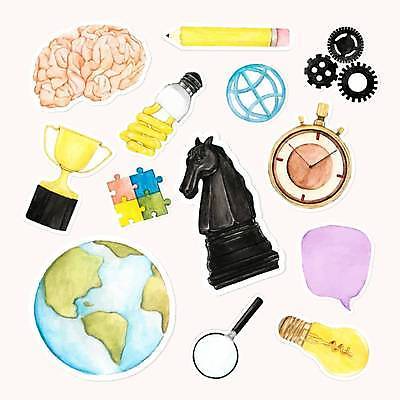 EPS 해외이미지 지구 말풍선 스티커 일러스트 전구 돋보기 사람없음 세트 연필 퍼즐 체스말 트로피 뇌 톱니바퀴 전략 초시계 해외일러스트 시계 학용품 필기구 말_게임 체스 상_우승 파일형식 벡터 이미지허브