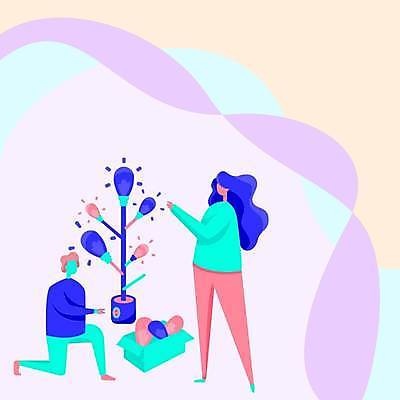 EPS 해외이미지 나무 여자 남자 백그라운드 일러스트 전구 아이디어 프레임 성인 두명 장식 상자 플랫 무릎꿇기 성인만 카피스페이스 해외일러스트 식물 컨셉 모션 사람 공백 파일형식 벡터 이미지허브