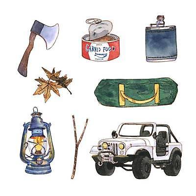 EPS 해외이미지 단풍 낙엽 일러스트 캠핑도구 사람없음 캠핑 나뭇가지 랜턴 지프 도끼 통조림 수통 엘리먼트 짐가방 해외일러스트 나무 잎 가방 승용차 레저 조명 도구 파일형식 벡터 이미지허브