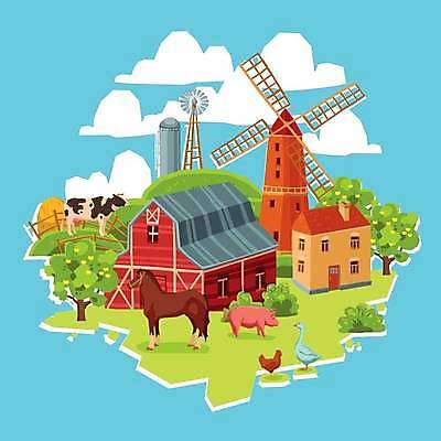 EPS 해외이미지 나무 하늘색 일러스트 오리 사람없음 건물 울타리 농장 농사 풍차 닭 말_동물 돼지 젖소 창고 언덕 외양간 사일로 해외일러스트 식물 건축물 농업 포유류 조류 파란색 담장 소 파일형식 벡터 이미지허브