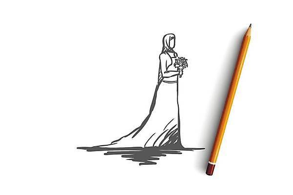 EPS 해외이미지 전신 드레스 여자 부케 웨딩드레스 결혼 일러스트 결혼식 한명 들기 성인 이슬람교 스케치 손그림 베일 히잡 얼굴없음 성인여자한명만 해외일러스트 1 옷 종교 꽃다발 모션 미술 사람 이벤트 이슬람문화 여자한명만 성인여자만 파일형식 벡터 이미지허브