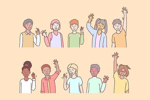 EPS 해외이미지 손 여자 남자 행복 어린이 일러스트 웃음 사람 소년 여러명 세트 손들기 인사 손인사 다인종 다민족 다국적 어린이만 해외일러스트 감정 다수 모션 표정 인종 신체부위 예절 파일형식 벡터 이미지허브