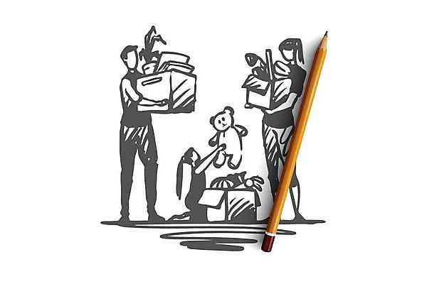 EPS 해외이미지 전신 여자 남자 어린이 컨셉 일러스트 가족 엄마 들기 성인 세명 상자 곰인형 아빠 무릎꿇기 스케치 손그림 이삿짐 얼굴없음 해외일러스트 인형 관계 모션 미술 사람 이사 파일형식 벡터 이미지허브