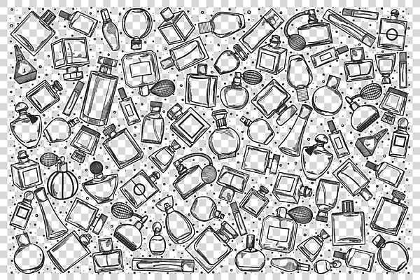 EPS 해외이미지 일러스트 사람없음 세트 다양 낙서 라인아트 향수 손그림 향수병 해외일러스트 선 다수 화장품 병_담는 파일형식 벡터 이미지허브