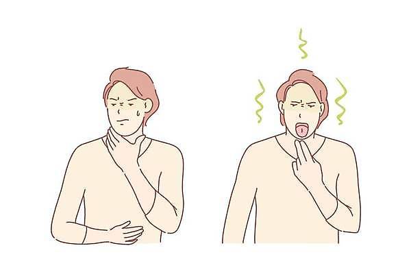 EPS 해외이미지 남자 일러스트 건강 입벌림 상반신 성인 두명 고통 환자 잡기 찡그림 결과 질병 목통증 증상 성인남자만 해외일러스트 감정 컨셉 의학 모션 표정 사람 남자만 성인만 파일형식 벡터 이미지허브