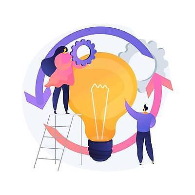 EPS 해외이미지 전신 여자 남자 화살표 일러스트 비즈니스 전구 사다리 들기 성인 두명 가리킴 톱니바퀴 성인만 해외일러스트 모션 사람 손짓 도구 파일형식 벡터 이미지허브