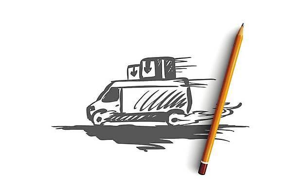 EPS 해외이미지 일러스트 사람없음 배달원 스케치 배송 서비스 손그림 짐차 해외일러스트 직업 자동차 미술 파일형식 벡터 이미지허브