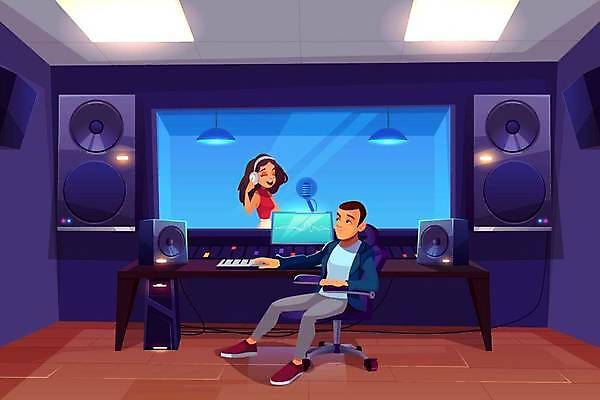 EPS 해외이미지 여자 남자 음악 일러스트 노래 실내 앉기 성인 두명 디지털 헤드폰 스피커 음악가 장비 가수 믹서 마이크 예술가 오디오 목소리 부스 보컬 작곡가 프로듀서 성인만 해외일러스트 직업 음향기기 모션 문화예술 사람 내부 전자제품 파일형식 벡터 이미지허브