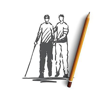 EPS 해외이미지 전신 남자 컨셉 일러스트 성인 두명 선글라스 걷기 도움 장애인 스케치 손그림 장애 돌봄 부축 시각장애인 얼굴없음 성인남자만 흰지팡이 해외일러스트 안경 모션 지팡이 미술 사람 남자만 성인만 파일형식 벡터 이미지허브