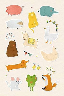 EPS 해외이미지 스티커 여러마리 일러스트 곰 코끼리 오리 병아리 개구리 사람없음 세트 귀여움 고양이 닭 양 말_동물 돼지 강아지 쥐 여우 해외일러스트 동물 다수 컨셉 포유류 조류 양서류 반려동물 개 설치류 파일형식 벡터 이미지허브