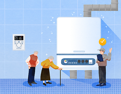 전신 PSD 여자 노년 남자 허리손 겨울 일러스트 지팡이 안내 서기 들기 성인 세명 파란색 손들기 체크표시 확인 연말연시 점검 보일러 서류판 국내일러스트 계절 컬러 포즈 모션 사람 사무용품 파일형식